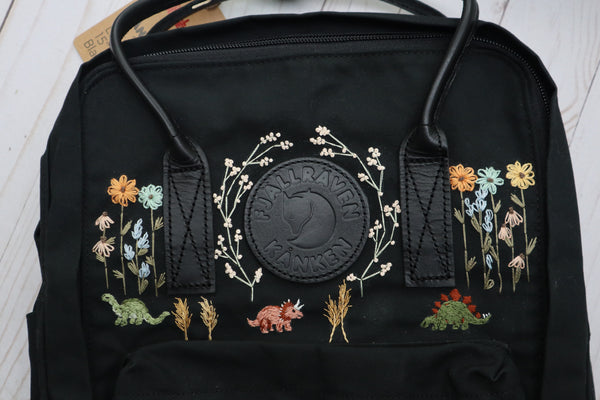Kanken No. 2 Black with Dinosaur Wildflower Hand Embroidery